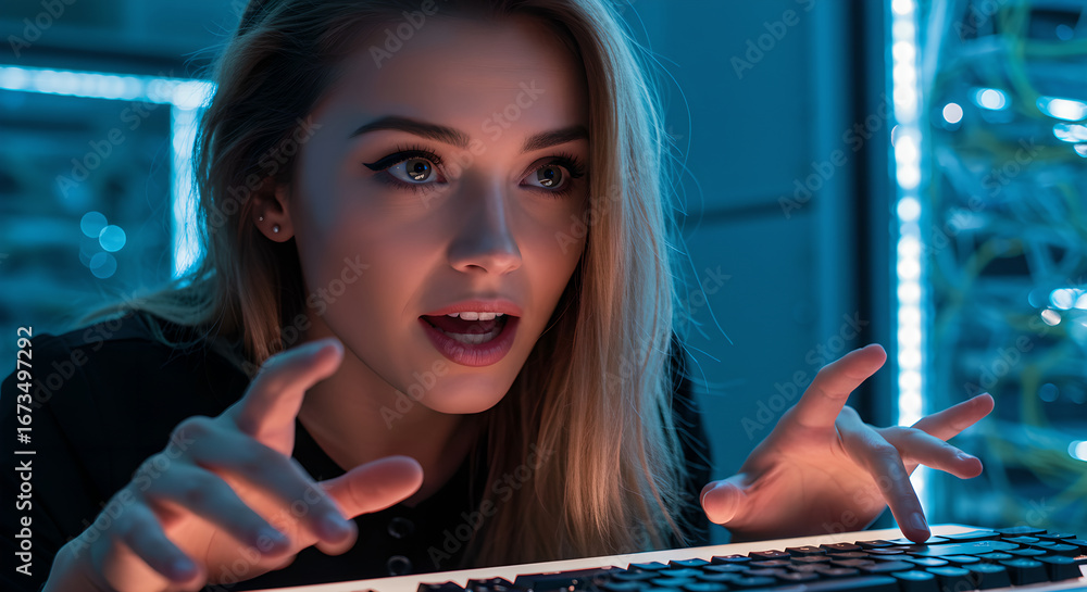 Poster young blonde woman looking surprised while typing on keyboard. female programmer or hacker working w