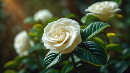 White camellia flower with green leaves, close-up shot.
