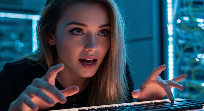 Young blonde woman looking surprised while typing on keyboard. Female programmer or hacker working with data server in data center.
