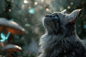 Mystical Gray Kitten Looking Up At Sparkling Fairy Forest