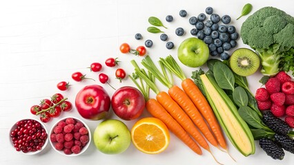 Fresh bounty of colorful fruits and vegetables arranged beautifully on a white background for a healthy lifestyle