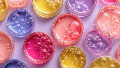Colorful cosmetic jars with bubbles