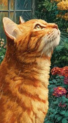 Orange Cat Enjoying Rain In Garden