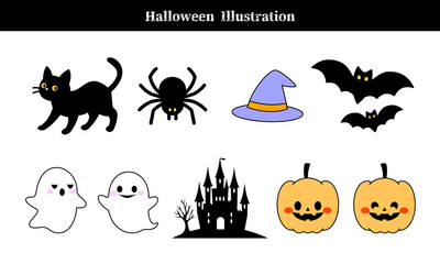 Fototapeta premium ハロウィン・かぼちゃ・ゴースト・おばけ・黒猫・こうもり・蜘蛛・お城・シルエット・魔女帽子、イラスト・アイコン
