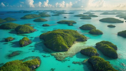 Naklejka premium Lush islands in turquoise waters with dense green foliage, aerial view, tropical landscape, nature scenery, island formation, ocean, and water bodies