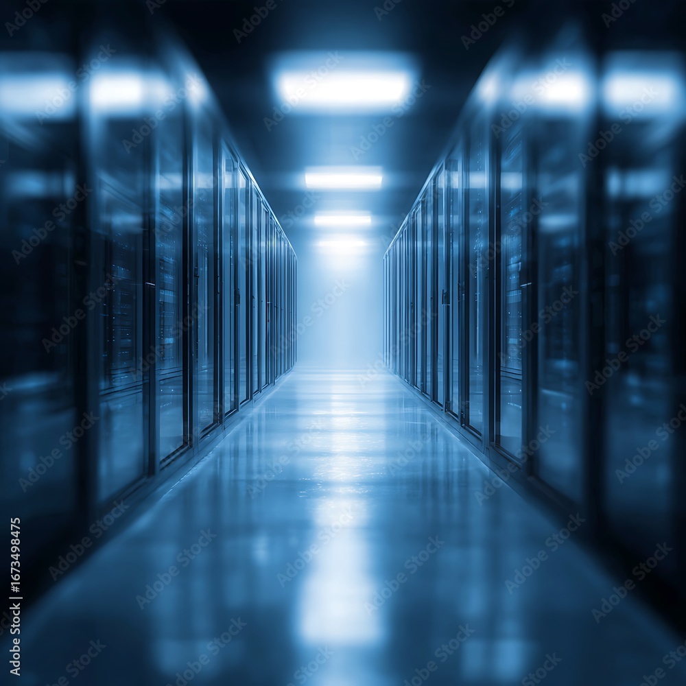 Poster futuristic brandless server corridor with large left-side copy space, cool blue glow, blurred depth,