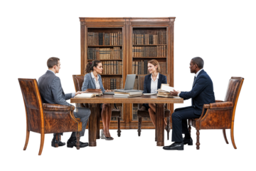 Professional legal team meeting in library for business strategy and litigation consultation session on transparent background