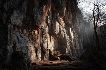 Sunlit rock face in a dark forest