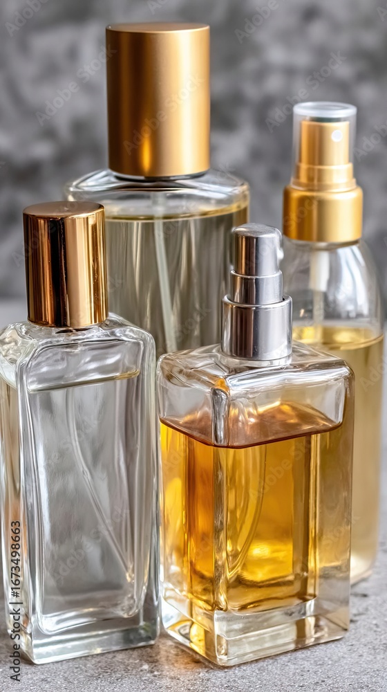 Poster collection of elegant perfume bottles showcasing various shapes and colors displayed against a textu
