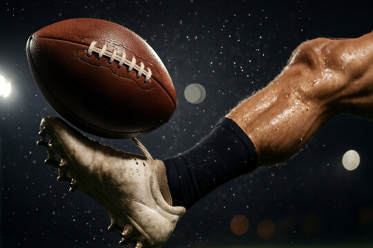 rugby ball shot with player leg in night match