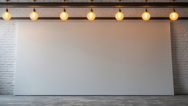 Empty wall with hanging light bulbs, interior background. Modern lighting and minimalist design concept. The space for display or presentation. - Powered by Adobe