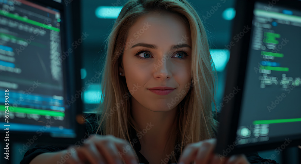 Poster a woman developer coding on computer. hacker girl at work. cyberspace and blockchain concept. cybers