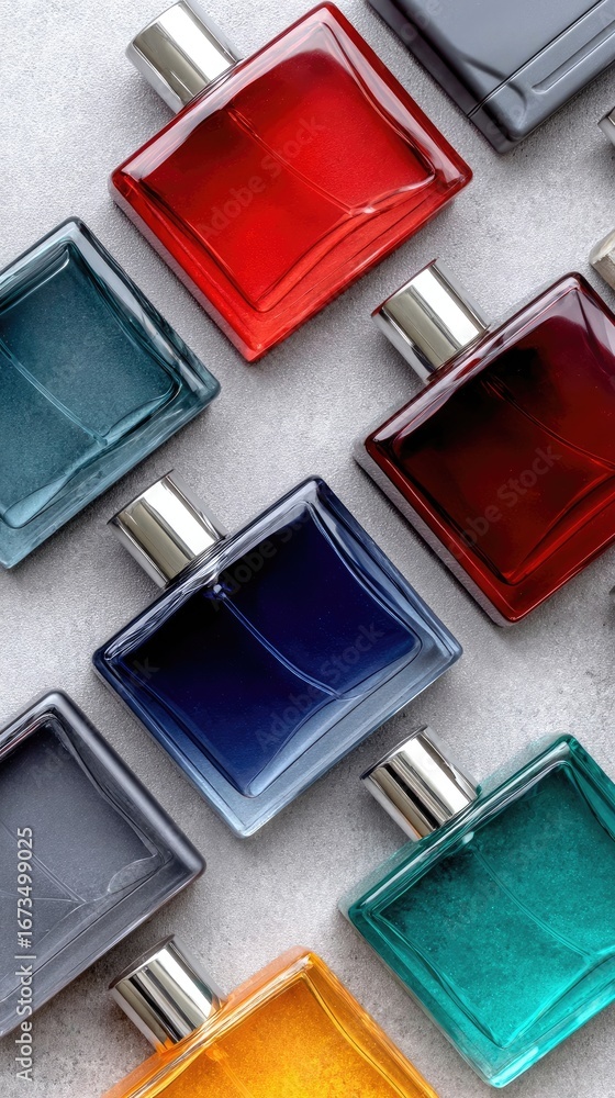 Poster various colorful perfume bottles arranged neatly on a textured surface showcasing their distinct sha