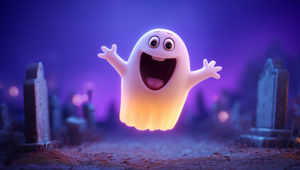 3d cartoon, a happy and cute ghost floating in the air with glowing eyes and an open mouth, with a beautiful graveyard background at night, an adorable smile on its face