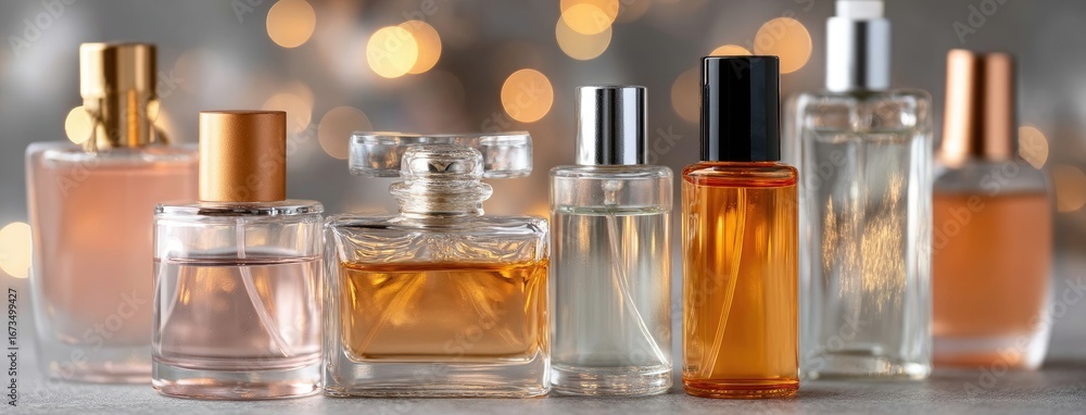 Poster A variety of elegant perfume bottles displayed on a table with soft bokeh lighting in the background during an indoor gathering