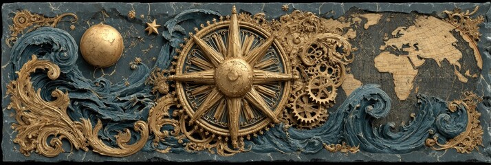 Ornate relief carving depicting celestial and worldly elements