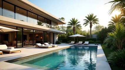 Modern villa with swimming pool and palm trees lounge chairs