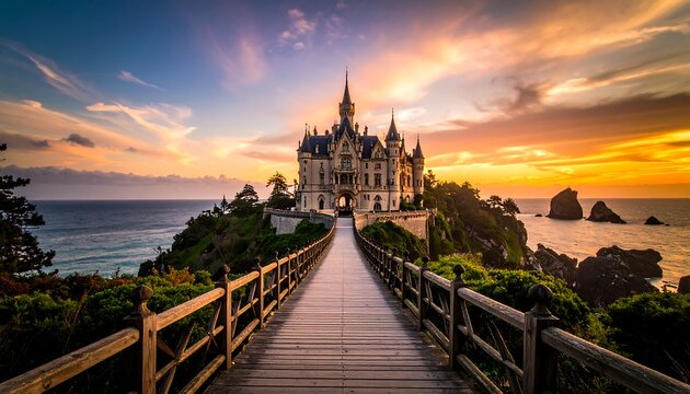 Castle at sunset overlooking ocean