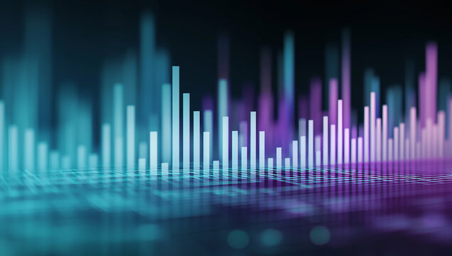 digital audio bar graph with glowing blue and purple lines, representing the growth of online music streaming services. the background is dark to highlight the colorful equalizer bars - Powered by Adobe