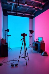 Photography studio setup with camera and lights tripod