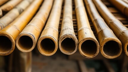 Dried bamboo tubes arranged in rows, close-up view of crafted items