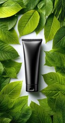 Black tube nestled in vibrant green leaves against a white backdrop