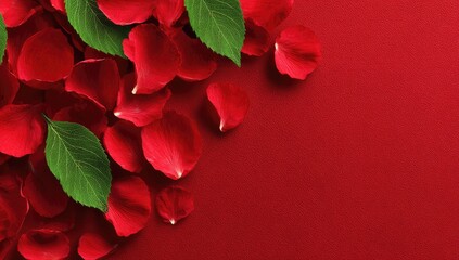 Red rose petals and green leaves scattered on a red background, leaving ample space