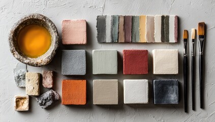 Flatlay of paint samples, pigment stones, and brushes