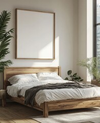 Wooden bed near white wall with empty mockup poster frame. Interior design of modern bedroom, Generative AI
