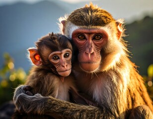 Close-up of a monkey mother and baby