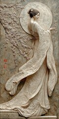 Bas-relief of a woman in flowing robes, moon backdrop