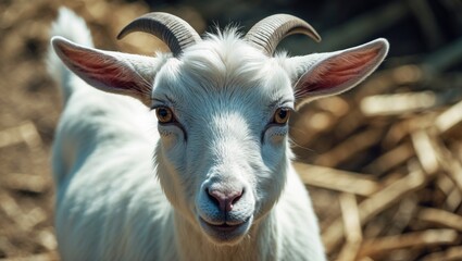 Obraz premium Close-up of a young white goat with curved horns, brown eyes, and a pink nose, standing outdoors with dried grass in the background.