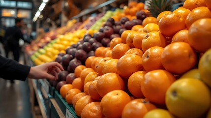 Fresh Fruit Display - Colorful fruit stand featuring oranges, plums, and more.