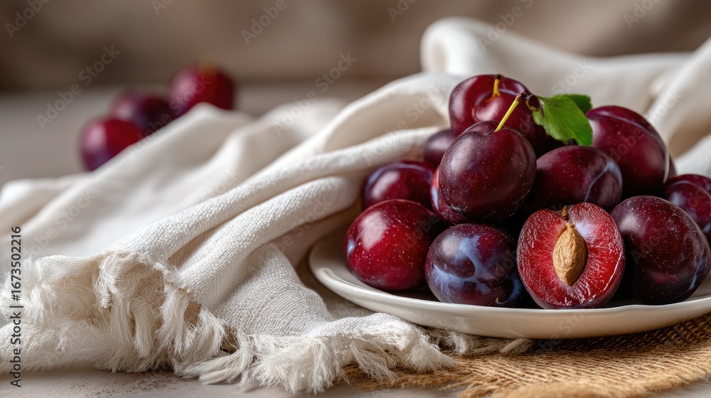Aufkleber fresh plump plums on a decorative plate with a soft cloth backdrop and rustic elements creating a wa