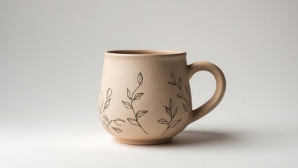 Cream-colored mug with a botanical leaf pattern on a plain background.