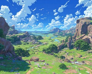 Pixel Art Landscape Valley With River And Mountains