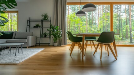 Modern dining area with a view of a forest.