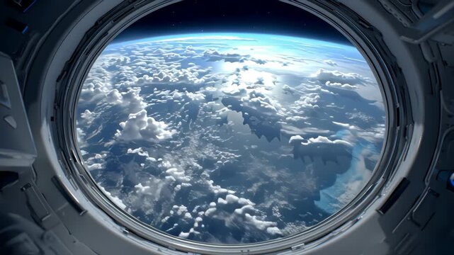 Panoramic animation from the porthole of a space station while flying over planet Earth. Earth through the porthole window of spaceship. Space perspective