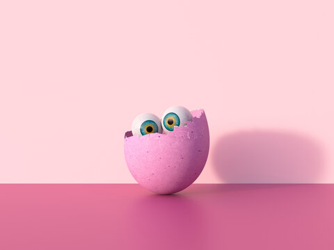 Egg shell with eyeballs hiding in 3D rendering on pink background
