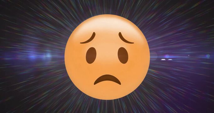 Glitch streaks arising around static sad emoji, radial beams intensifying forming warp-speed effect