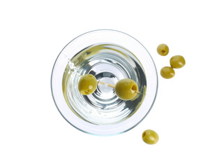 Close-Up Olive Splashing into Martini Cocktail, Top-Down View, White Background PNG