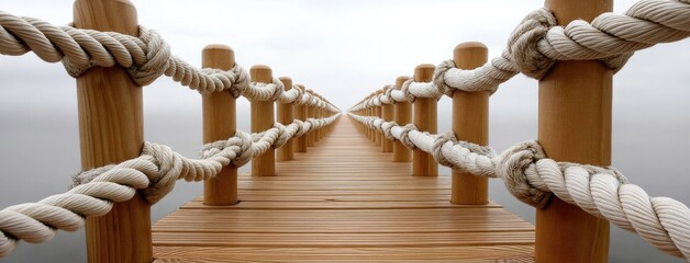 Naklejka premium Long wooden pier extends over calm water, inviting peaceful reflection and connection with nature while under a serene, cloudy sky