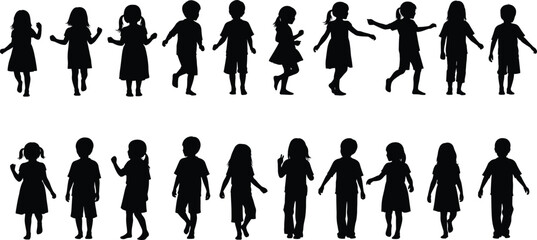 Silhouette vector of children dancing and walking, group of boys and girls in motion, isolated on white background, playful activity.