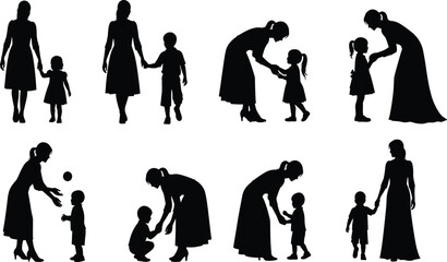 Mother and child silhouette illustration, family bonding, parenting concept, childhood moments, nurturing care, parent support, mother daughter, mother son