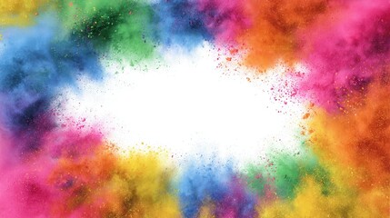 Obraz premium Frame border with copy space of colorful rainbow holi paint color powder explosion isolated white background.