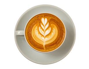 High-resolution top view of a cappuccino with creamy heart latte art in a white ceram