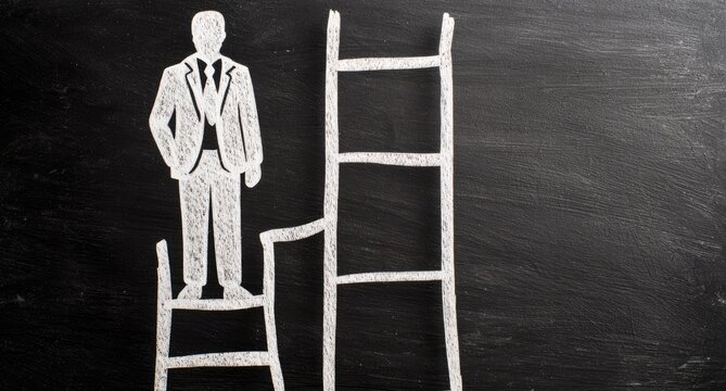 Businessman on small platform near a ladder on chalkboard