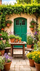 Rustic courtyard with vibrant flowers