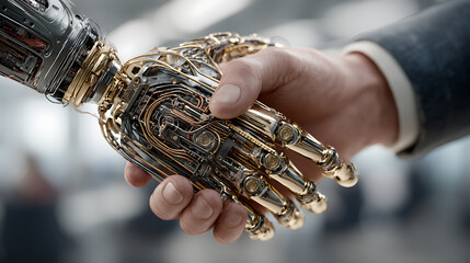 human hand shaking a metallic robotic hand in a modern office setting
