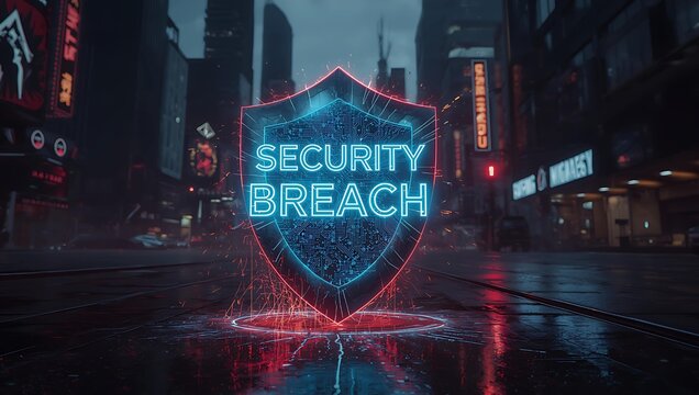 A vibrant neon shield displaying 'SECURITY BREACH' in a cyberpunk cityscape, conveying a sense of urgency and tech-driven tension.